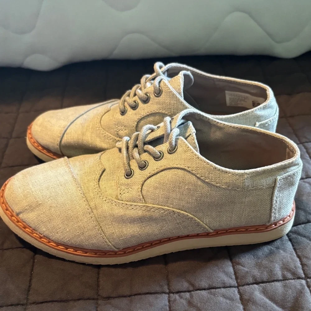 TOMS Kids Grey Canvas Brogue Lace Up Oxford Shoes Size 1.5 Y Youth Dress Casual